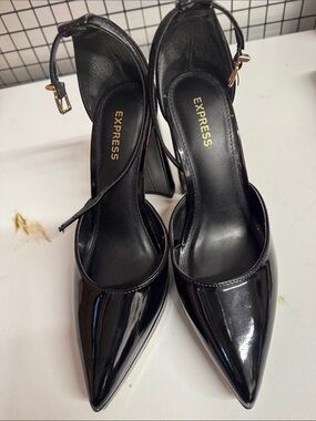 Express Black Patent Pointed Toe Ankle-Strap Heels